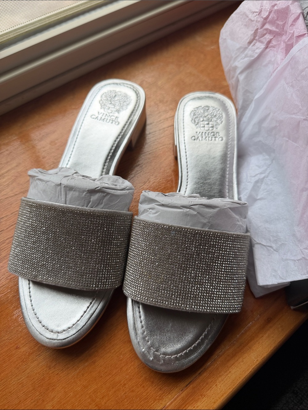 Vince Camuto Silver Crystal-Embellished Slide Mules